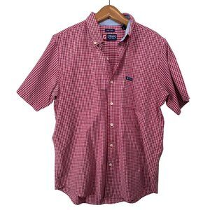 Chaps Mens Button Shirt Sz M Red Checked Short-Slv Classic BizCasual Lightwt